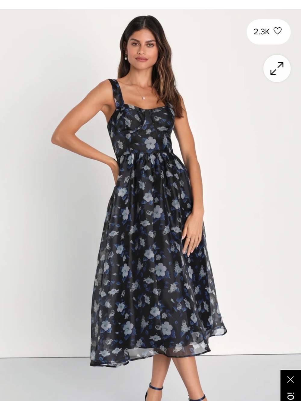 Lulu's Black Midi Dress with Blue Floral Print